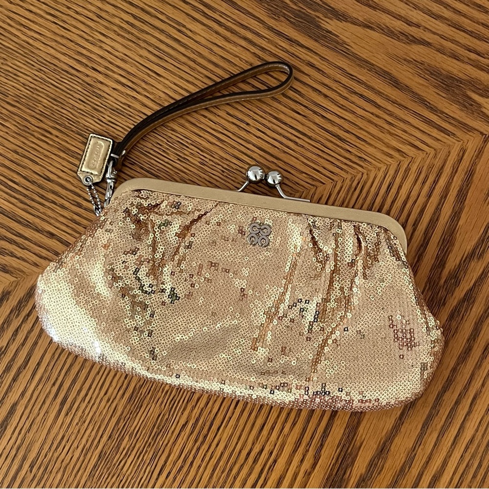 COACH Julia Gold Sequin Kisslock Frame Clutch Wristlet